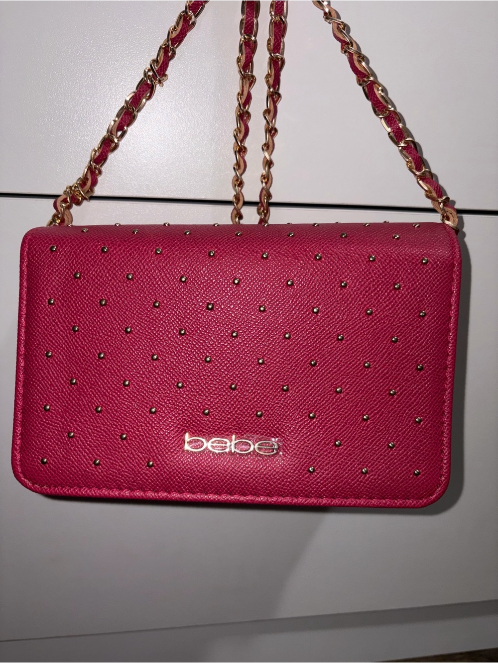 bebe Hot Pink Studded Chain Crossbody Bag with Gold Hardware